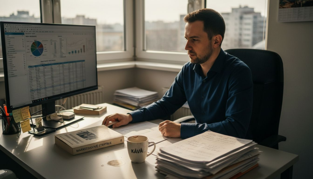 Muž si pri preplnenom pracovnom stole prezerá výsledky marketingových analýz.