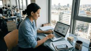 Marketingový špecialista si pri sklenenom stole prezerá a analyzuje aktuálne dáta.