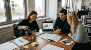 Tím malej firmy si spoločne sadol za stôl a plánuje ďalšie kroky.