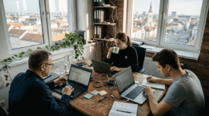 Tím spoločne pracuje pri stole v kancelárii.