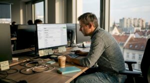 Muž v kancelárii pripravuje reklamnú kampaň na Google Ads.