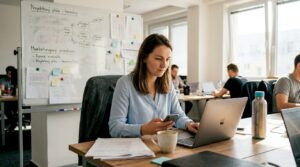 Mladá žena zvláda viac úloh naraz v modernom coworkingovom priestore – stíha pracovať na notebooku, vybavovať telefonáty aj zapisovať si poznámky.