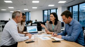 Kolegovia sa rozprávajú pri stole v kancelárii.