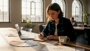 Marketingový manažér premýšľa nad novými nápadmi na budovanie značky vo svojej kancelárii.