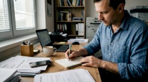 Majiteľ firmy si pri stole pripravuje stratégiu na tvorbu obsahu.