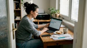 Podnikateľ sleduje najnovšie digitálne trendy na svojom notebooku.