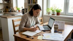 Mladá žena si pri pracovnom stole vo svojej domácej kancelárii pripravuje plán na digitálnu kampaň.