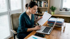 Žena sedí pri stole a dôkladne si prechádza výsledky auditu firemnej komunikácie.