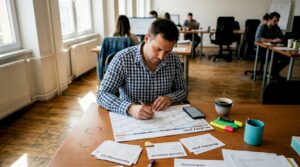 Muž si prechádza mediálny plán uprostred rušného pracovného dňa.