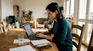 Žena pripravuje marketingové materiály z pohodlia domova.