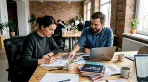 Tím spoločne v kancelárii vymýšľa nové nápady na firemnú identitu.