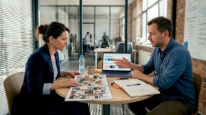 Tím zodpovedný za značku preberá podklady k vizuálnej identite.