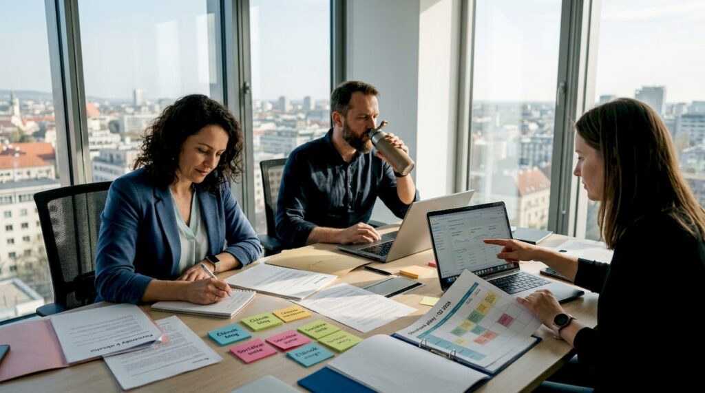 Tímová porada o plánoch na obsah priamo v kancelárii