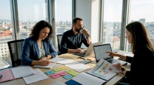 Tímová porada o plánoch na obsah priamo v kancelárii