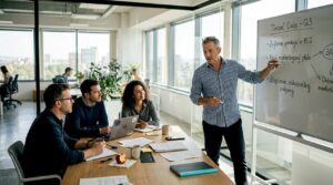 Majiteľ firmy predstavuje nové nápady svojmu malému tímu priamo v kancelárii.