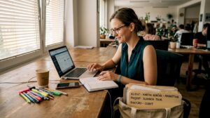 Social media manažérka, ktorá zvláda viacero úloh naraz priamo za svojim pracovným stolom.