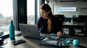 Kolega si prechádza firemné materiály, aby skontroloval, či sú v súlade s našou značkou.