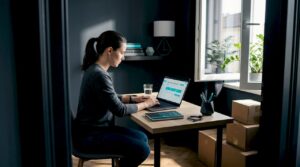 Majiteľ malej firmy si doma vylepšuje svoju webovú stránku.