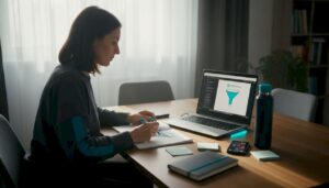 Žena si doma pri kuchynskom stole prezerá náčrt lievika a premýšľa nad jeho návrhom.