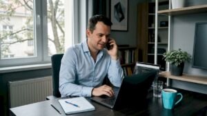 Podnikateľ vybavuje telefonát vo svojej pracovnej izbe doma.