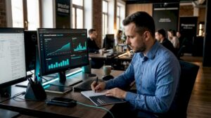 Marketingový špecialista si v kancelárii prezerá grafy a analyzuje výsledky.