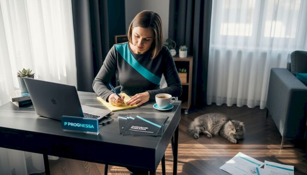 Copywriter pracuje doma za stolom, obklopený poznámkami a nápadmi.