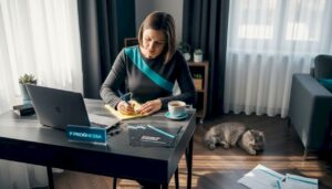 Copywriter pracuje doma za stolom, obklopený poznámkami a nápadmi.