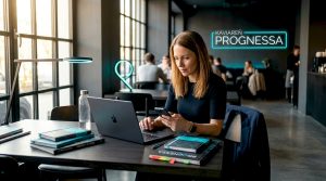 Žena sedí za stolom a zvláda viacero digitálnych komunikačných kanálov naraz.