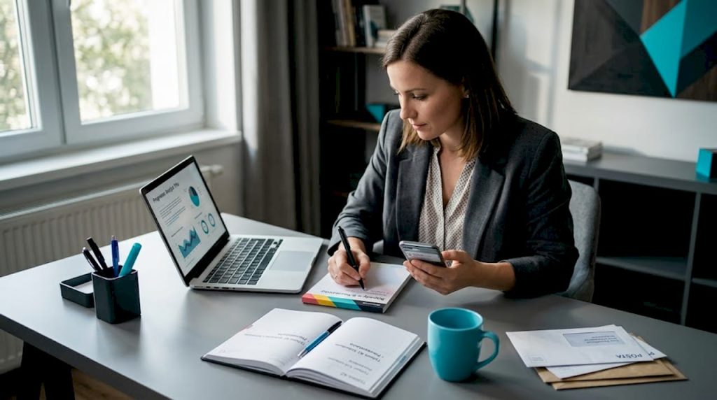 Žena pracuje z domu na úlohách spojených s digitálnym marketingom.