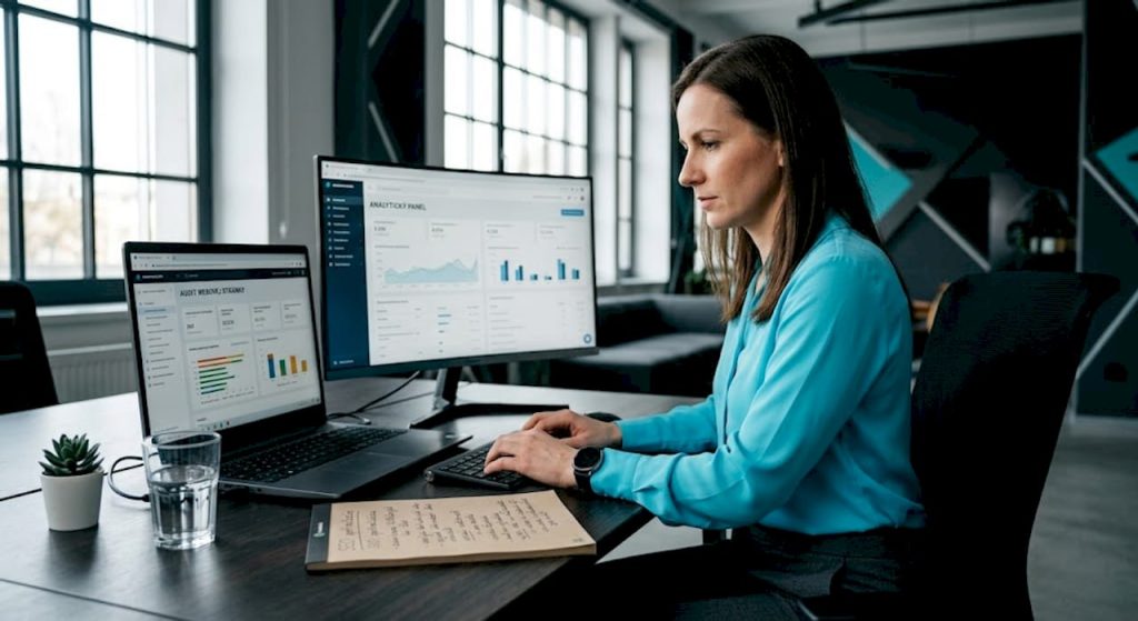 Žena si pri svojom pracovnom stole so štyrmi monitormi prechádza výsledky SEO auditu firemnej webstránky.
