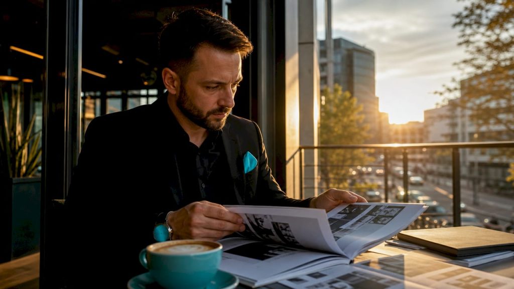 Marketingový manažér si prezerá brožúru s nápadmi na reklamnú kampaň.